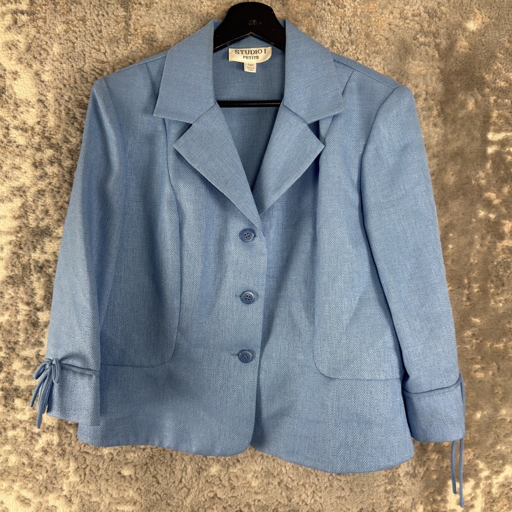 Studio I Petite Size 14p Button Up Tie Cuff Blazer Jacket Blue 3/4 Sleeve Women